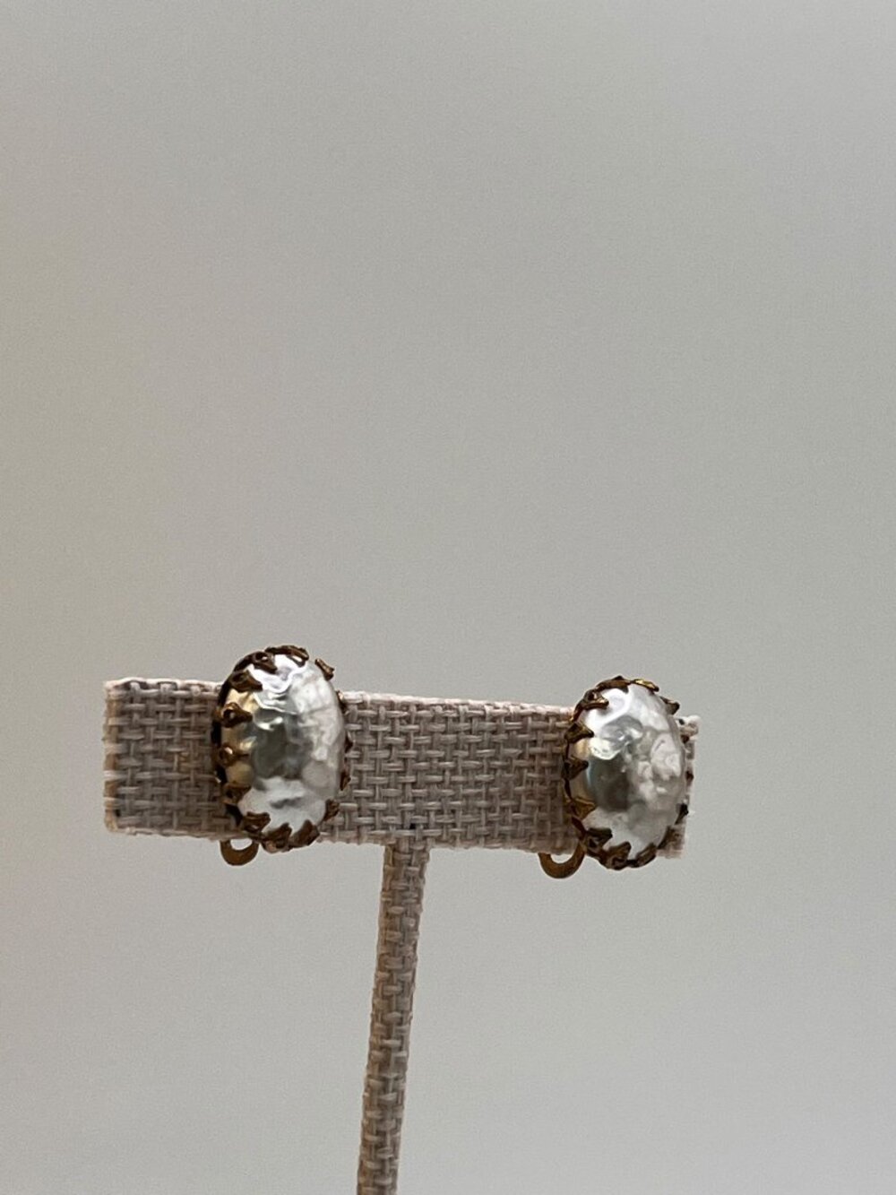 Vintage Signed Miriam Haskell Oval Glass-Pearl Clip-On Earrings
